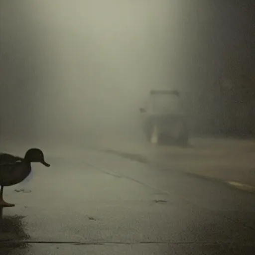 Image similar to a lonely duck under a street light, fog, still from a movie by bong joon - ho