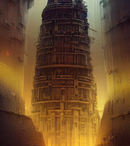 Prompt: colored, tarkovsky, majestic ancient tower of babylon of terror, a woman in cyber clothing, hyperrealistic, blame, by ash thorp, full color, cyber architecture, intricate, octane render, concept art, hyper - detailed, smooth, masterpiece, epic, cinematic, high quality