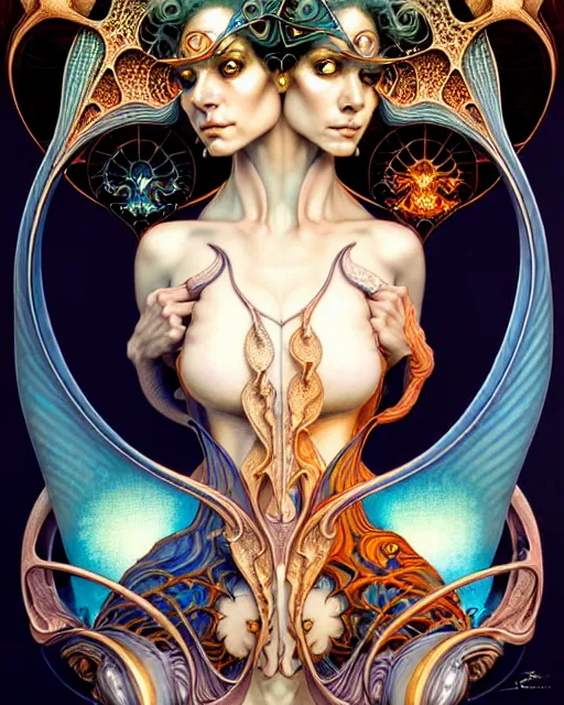 Image similar to a portrait of gemini water and fire fantasy character portrait made of fractals facing each other, art nouveau accents, ultra realistic, wide angle, intricate details, the fifth element artifacts, highly detailed by peter mohrbacher, hajime sorayama, wayne barlowe, boris vallejo, aaron horkey, gaston bussiere, craig mullins