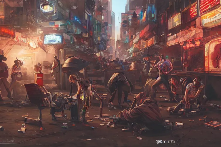 Image similar to hobos betting on robot fights in a cyberpunk ghetto, by artgerm and wlop