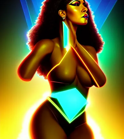 Prompt: symmetry!! egyptian princess of technology, solid cube of light, hard edges, product render retro - futuristic poster scifi, lasers and neon circuits, brown skin gorgeous egyptian princess, intricate, elegant, highly detailed, digital painting, artstation, concept art, smooth, sharp focus, illustration, dreamlike, art by artgerm