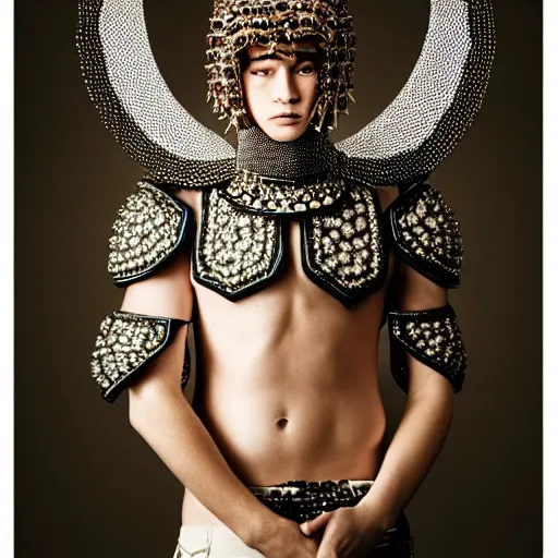 Image similar to a portrait of a beautiful young male wearing an alexander mcqueen armor made of beads , photographed by andrew thomas huang, artistic