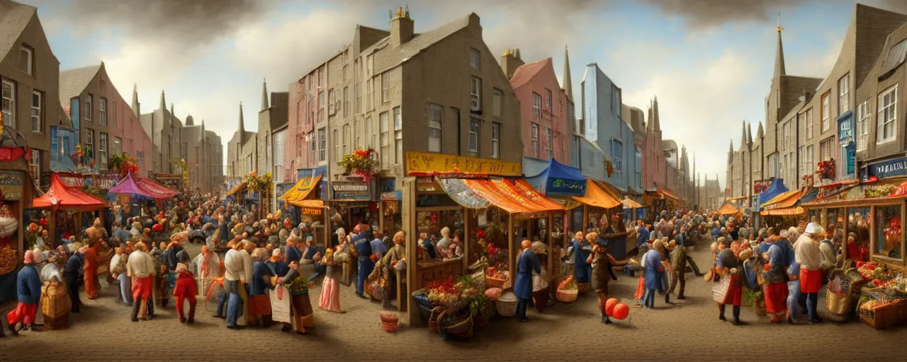 Prompt: a miniature diorama of street life in kirkwall orkney, by kevin sloan, colorful, busy crowds, fish market stalls, dutch masters, very detailed, octane render, cinematic lighting, 8 k, hd