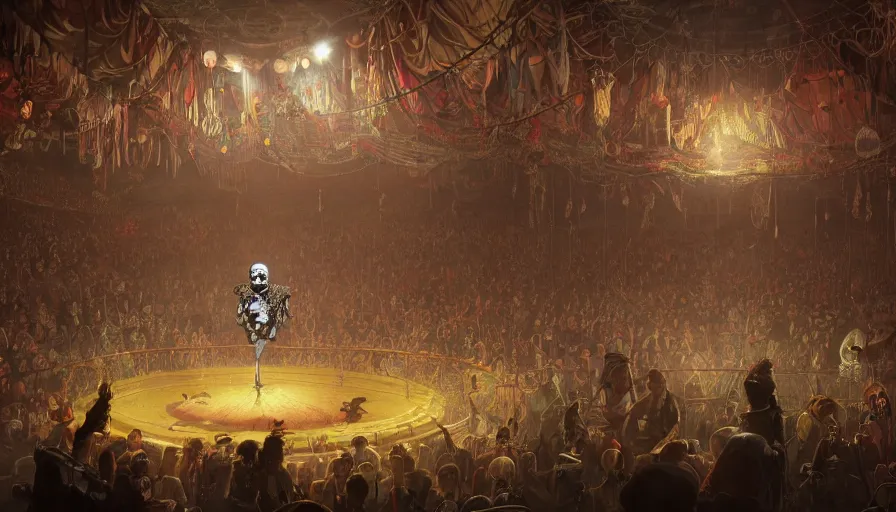 Image similar to intricate detailed illustration, skull clown inside a circus, cinematic lighting, by Sparth and Greg Rutkowski, wide angle, volumetric light scattering, 8k, artstation, concept art 1088