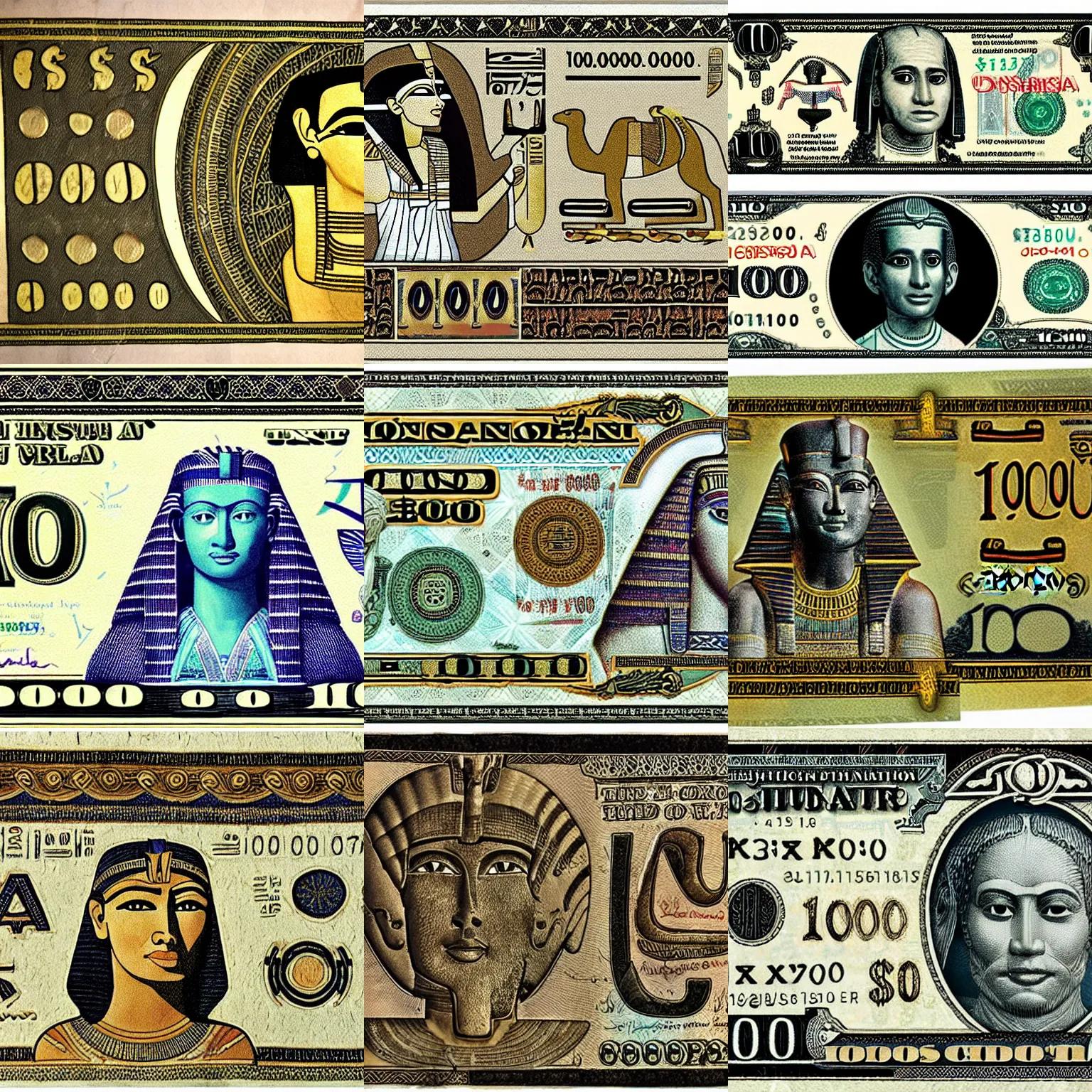 Prompt: ancient egyptian on $ 1 0 0 bill