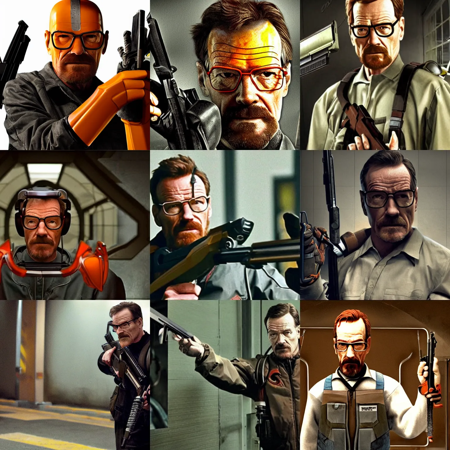 Prompt: Bryan Cranston as Gordon Freeman, holding a shotgun, still from Half-Life movie