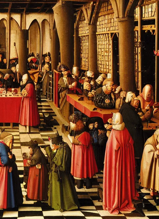 Image similar to date at the crowded medieval inn. Medieval painting, by Jan van Eyck