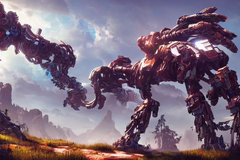 Image similar to thunderjaw machine mecha animal beast robot of horizon forbidden west horizon zero dawn bioluminiscence global illumination ray tracing hdr fanart arstation by sung choi and eric pfeiffer and gabriel garza and casper konefal