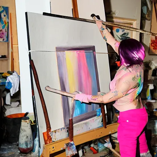 Image similar to surreal - a female artist (wearing pink hair and wearing black beret) swinging an ax with mad anger to cut a painting canvas in as paint flies throughout a dirty, dark art studio with paint cans on the floor and a computer in the corner