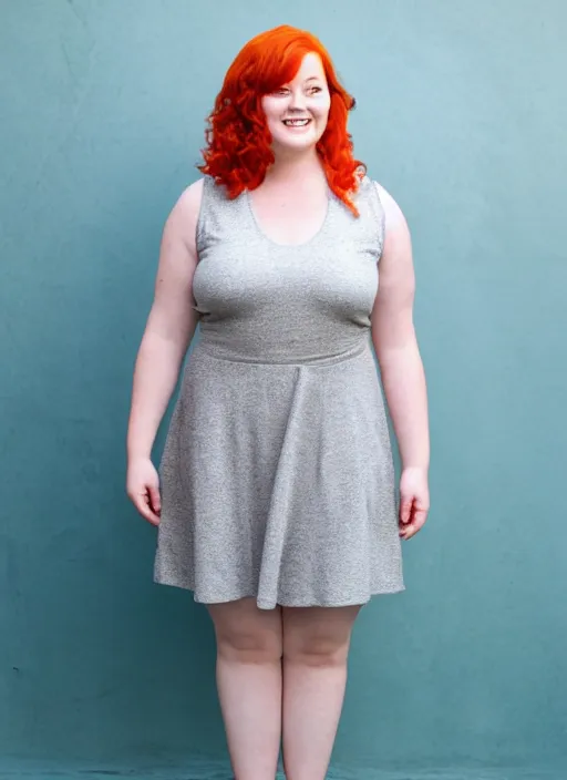 Prompt: professional full body photo of a young happy plus-size redhead woman
