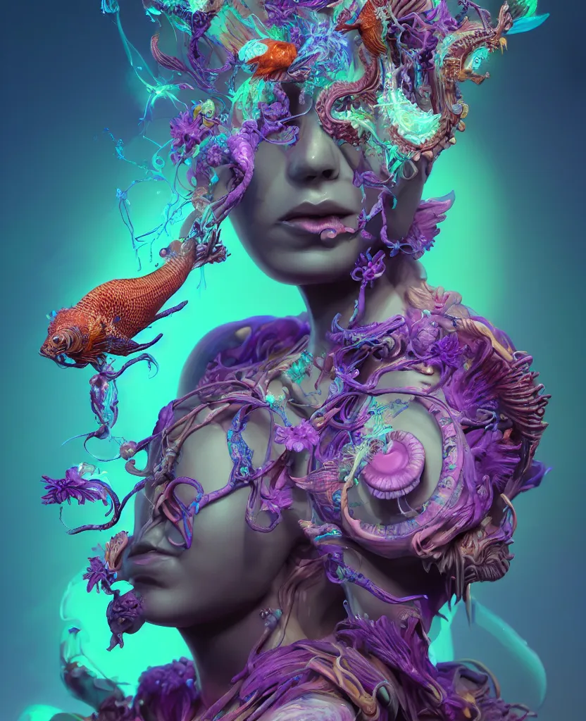 Image similar to goddess full color painted acryllic sculpture close-up portrait. orchid bird phoenix head, nautilus, skull, betta fish, bioluminiscent creatures, intricate artwork by Tooth Wu and wlop and beeple. octane render, trending on artstation, greg rutkowski very coherent symmetrical artwork. cinematic, hyper realism, high detail, octane render, 8k