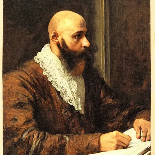 Prompt: Stańczyk by Jan Matejko. Young bald man with medium length brown beard and vibrant blue eyes sitting in a dark library with a computer monitor.