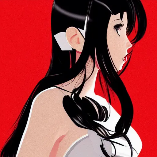 Image similar to a woman with black hair and a red and white background, vector art by Ilya Kuvshinov, featured on deviantart, shock art, ilya kuvshinov, official art, anime