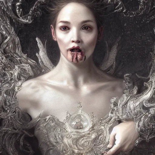 Image similar to horrifying baroque humanoid interface, 8 k, highly detailed, realistic, refined, bautiful, fine art photography, hyper realistic, in the style of greg rutkowski, by artgerm, by gustave dore, by marco turini, photorealistic, elegant, sharp focus, majestic, award winning picture, intricate, artstation,