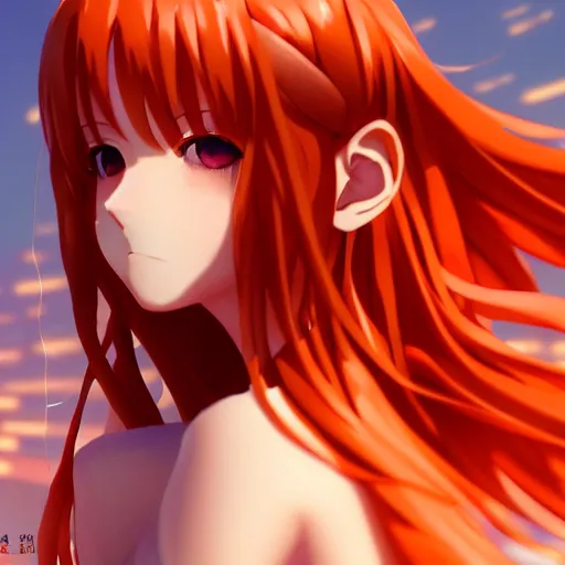 Prompt: render as a very beautiful 2d anime girl, hot petite, long braided orange red hair, hazel eyes, full round face, short smile, cinematic lightning, medium shot, mid-shot, highly detailed, trending on Artstation, Unreal Engine 4k, cinematic wallpaper