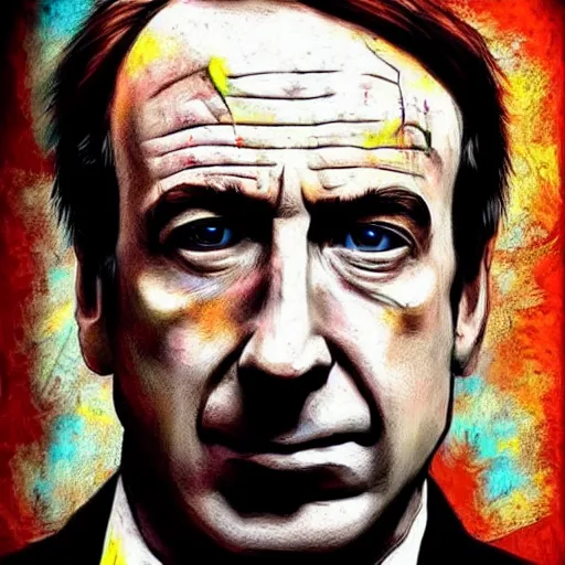 Image similar to a low resolution messy colorized mugshot of saul goodman, grainy, messy, grunged up, low resolution, low quality, realistic, hyperrealistic, 8 k resolution, hd quality, detailed, very detailed, highly detailed, intricate details, trending on artstation, colored, colorized