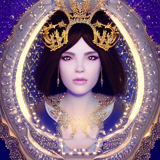 Image similar to portrait of wonderful princess of diamonds with fair skin, ornate, 8 k, gorgeous, intricate, detailed, glowing white accent lighting, dramatic lighting, octane render