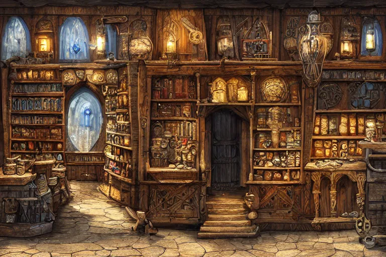 Image similar to A medieval magic shop viewed from the outside, magic items, magic, texture, intricate, details, highly detailed, masterpiece, architecture, building, trending on artstation, focus, sharp focus, concept art, digital painting, fantasy, sunny, day, midday