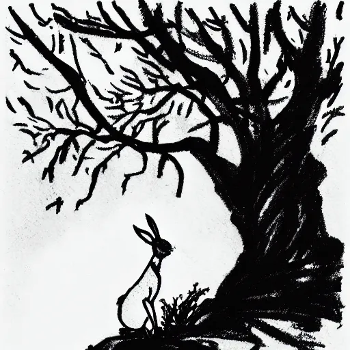 Image similar to milt kahl pen and ink sketch of a rabbit silhouette standing by a tree in the forest facing away