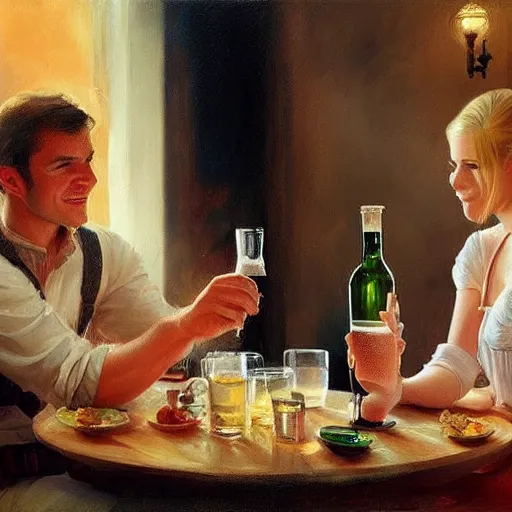 Image similar to (((((Boba Fett))))) and a beautiful young blonde drinking beer in a wine cellar, food, meat, schnapps, torches on the wall, romantic, inviting, cozy, painting by Vladimir Volegov