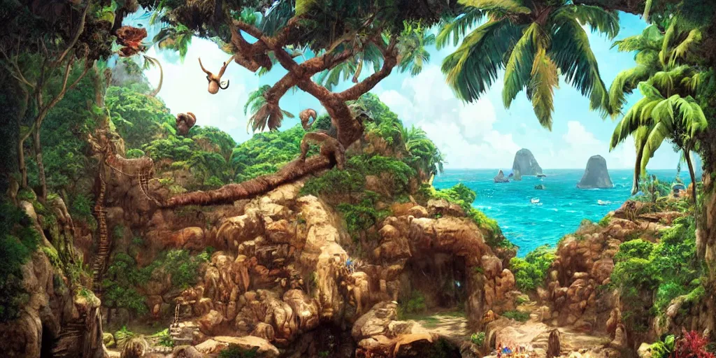 Prompt: ”a huge primitive monkey’s head catved out of stone with a mouth as an entrance to a cave inside, [caribbean, jungle, palm trees, beach, wide angle, side view, cinematic, monkey island, art by wlop and paul lehr]”