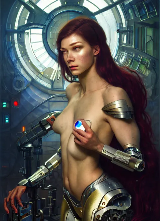 Image similar to cyborg recharging in a lab, diffuse lighting, fantasy, intricate, elegant, highly detailed, lifelike, photorealistic, digital painting, artstation, illustration, concept art, smooth, sharp focus, art by John Collier and Albert Aublet and James jean and Brian froud and ross tran and Artem Demura and Alphonse Mucha