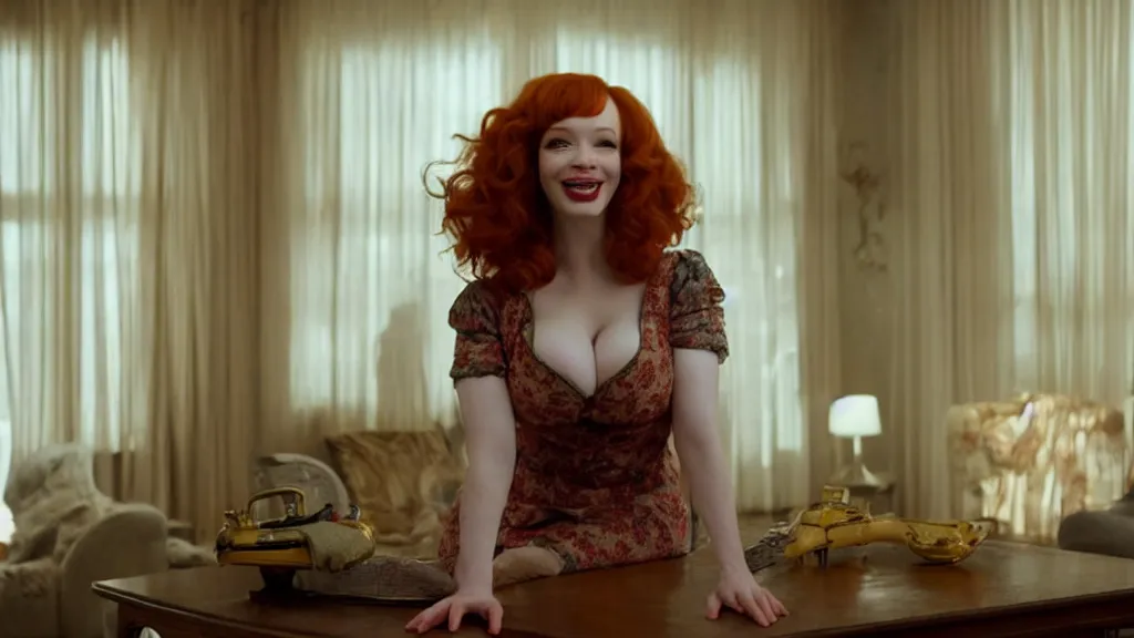 Image similar to a very happy beautiful Christina Hendricks in the living room, film still from the movie directed by Denis Villeneuve with art direction by Salvador Dalí, wide lens