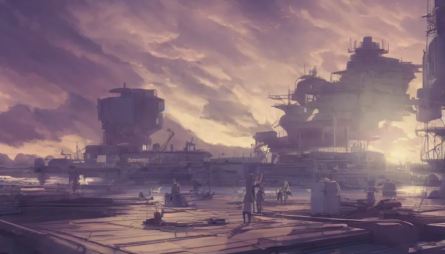 Image similar to orbital shipyards in mars orbit, wide angle lens, serene evening atmosphere, soft lens, soft light, cel - shading, animation, in the style of cgsociety, deviantart, artstation, zbrush, cinema 4 d, studio ghibli, akihiko yoshida, atelier lulua, masamune shirow