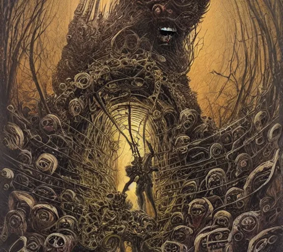 Image similar to A horror illustration design of a prophecy book from hell revealing the fate of mankind,by M.W.kaluta , Andrew Ferez , Billelis ,aaron horkey, peter gric,trending on pinterest,rococo,hyperreal,maximalist,glittering,feminine-H 768