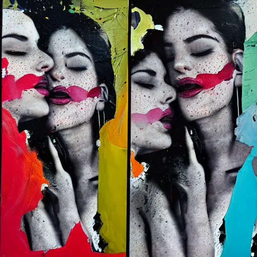Prompt: double exposure of two women kissing ( closeup ) and an abstract painting, lomography. this photograph is subsequently printed out and splattered with paint. mixed media collage art with magazines and found art