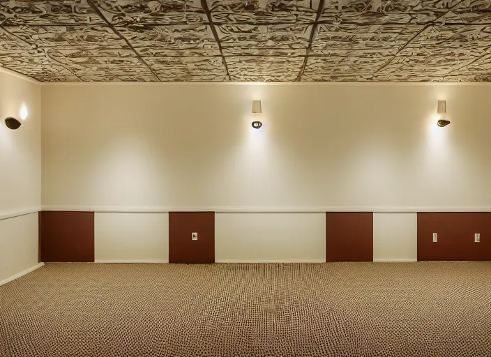 Image similar to an endless space of empty connecting rooms with old vanilla colored wallpaper from the 1970s and brown carpet lit by tungsten lights, no windows