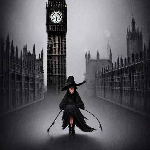 Prompt: A witch wearing a hat riding her broom near the Big Ben,gloomy lighting,creepy atmosphere,photo , highly detailed , high contrast, beautiful lighting, award winning ,u trending on art station, 8k, photo realistic