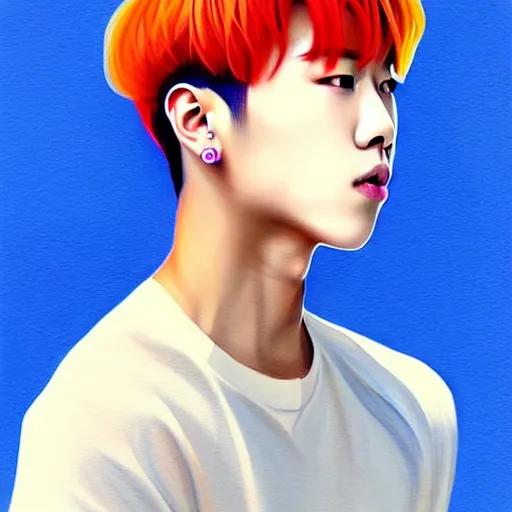 Prompt: wide angle full body portrait of Park Jimin of BTS, with a perfect face and perfect body, thin waist, plump lips, intricate, single face, wearing greek Palla, ethereal, men fall for him, short blonde hair, blue eyes, hunter eyes, thin button nose, highly detailed, digital painting, artstation, concept art, smooth, sharp focus, illustration, Unreal Engine 5, 8K, art by artgerm and greg rutkowski and alphonse mucha