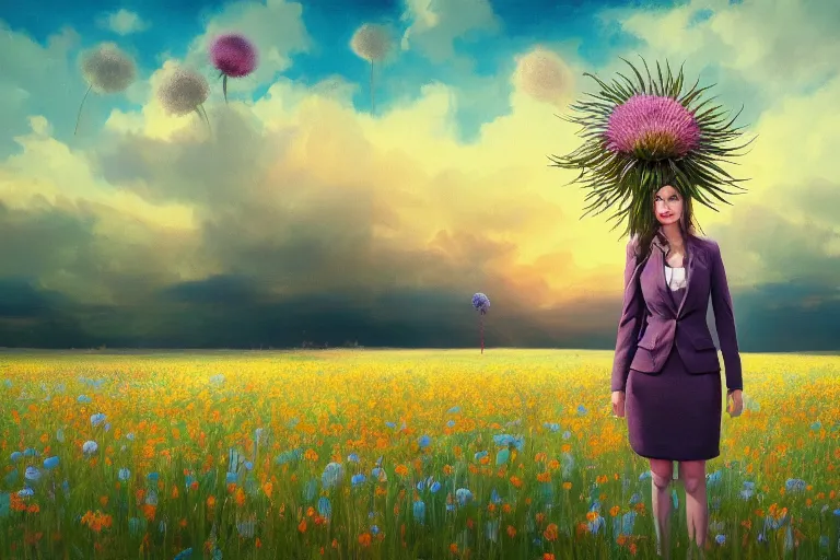 Image similar to giant thistle flower under head, a girl in a suit in field of flowers, surreal photography, sunrise, blue sky, dramatic light, impressionist painting, digital painting, artstation, simon stalenhag