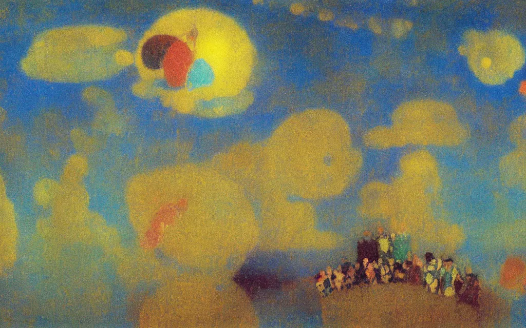 Image similar to surreal movie still from the triplets of belleville, award winning oil painting by odilon redon, chromatic iridescence