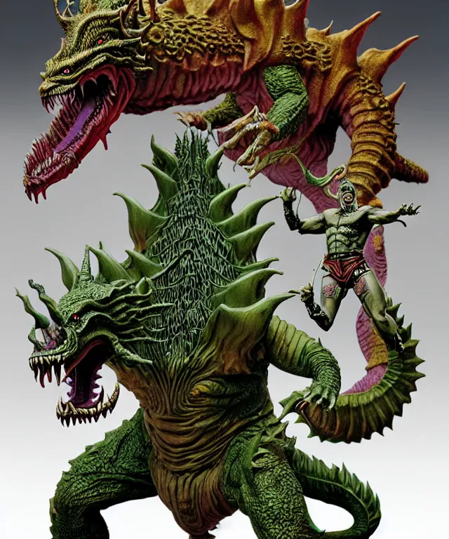 Prompt: a hyperrealistic rendering of an epic boss fight against an ornate king emporer kaiju beast god by art of skinner and richard corben, product photography, collectible action figure, sofubi