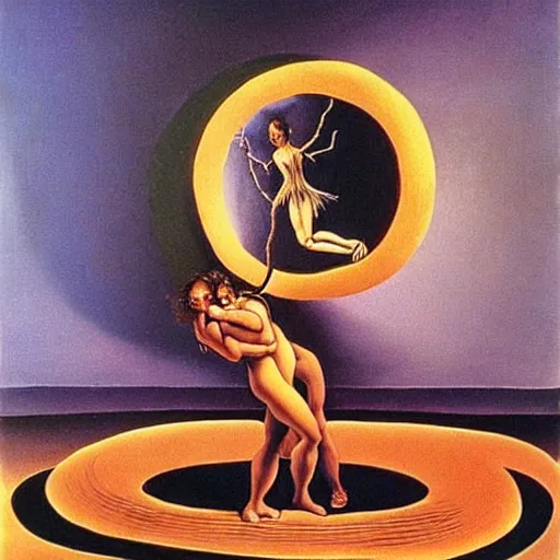 Image similar to optical illusion painting of a couple dancing in a worm hole, illusionism, mind blow, by michelangelo and salvador dali, detailed