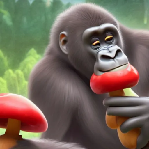 Image similar to a wholesome animation key shot of a gorilla holding a very small red mushroom, chilled out smirk on face, listening to music, jeep in background, studio ghibli, pixar and disney animation, sharp, rendered in unreal engine 5, anime key art by greg rutkowski, bloom, dramatic lighting