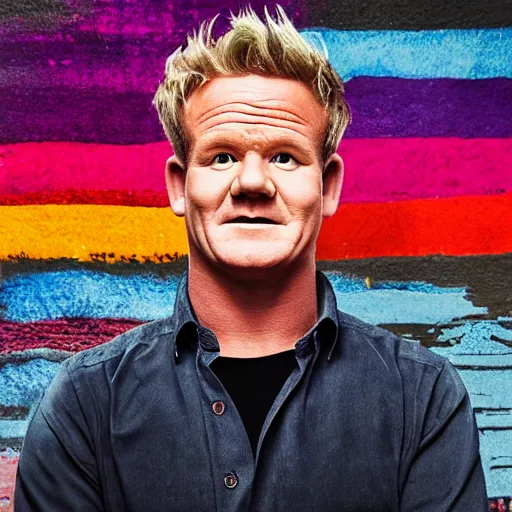 Image similar to symmetrical, full body portrait of Gordon Ramsey, very happy, studio lighting, depth of field, photography, hyper colors, highly detailed