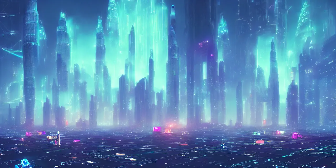 Image similar to a fleet of giant glowing futuristic cubes tied to each other with lots of glowing chains in the sky, thick glowing chains, light rays bouncing between cubes, a fantasy magical cyberpunk dubai tokyo landscape seen in the distance, atmospheric lighting, intricate, volumetric lighting, beautiful, sharp focus, ultra detailed, in the art style of marc simonetti and lee madgwick, astrophotography