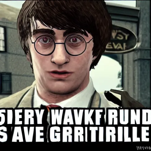 Image similar to harry potter robbing a bank, holding rifle in style of gta v grand theft auto