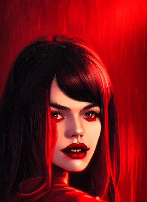 Image similar to portrait of vampire veronica lodge with bangs, vampire fangs, vampire, long hair, red clothes, bangs, vampironica, intricate, elegant, glowing lights, highly detailed, digital painting, artstation, concept art, smooth, sharp focus, illustration, art by wlop, mars ravelo and greg rutkowski