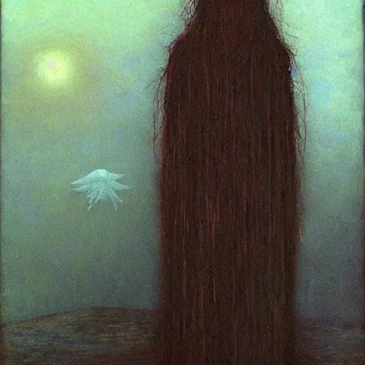 Image similar to teen girl who is half raven, painting by Beksinski