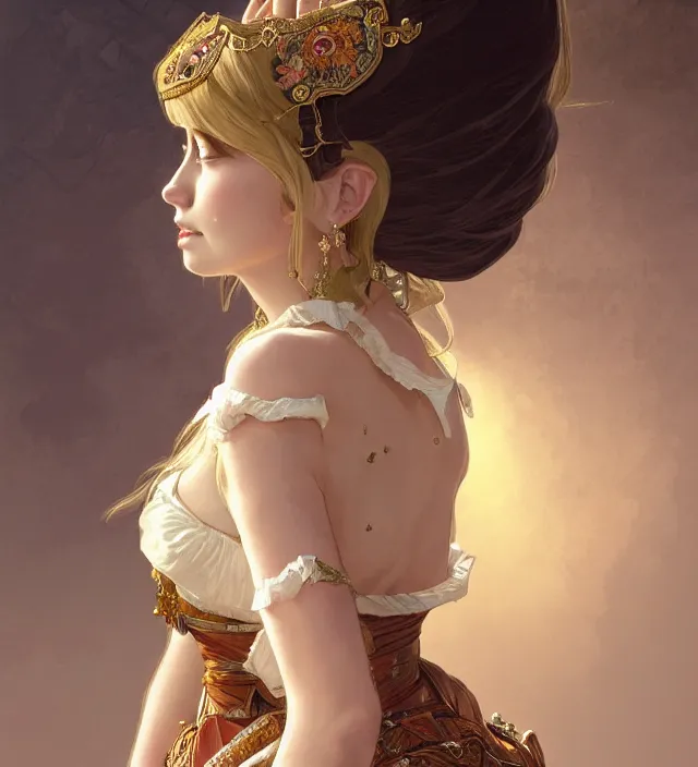 Image similar to portrait of of young beautiful female princess, d & d, baroque dress, elegant, flat lighting, intricate, highly detailed, digital painting, artstation, concept art, smooth, sharp focus, illustration, closeup, misa amane, art by simon bisley and greg rutkowski and alphonse mucha, natural tpose