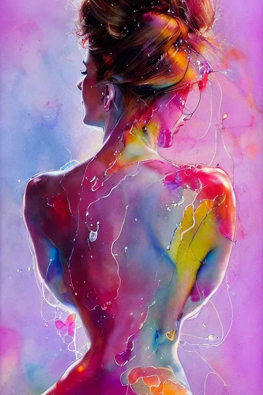 Image similar to sophia vergara by agnes cecile enki bilal moebius, intricated details, 3 / 4 back view, hair styled in a bun, bendover posture, full body portrait, extremely luminous bright design, pastel colours, drips, autumn lights