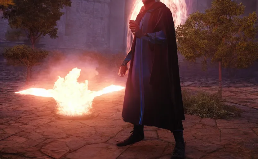 Image similar to male mage, black robe, blue fire circle in the background, war, unreal engine, ray tracing, 8k, realistic, universe