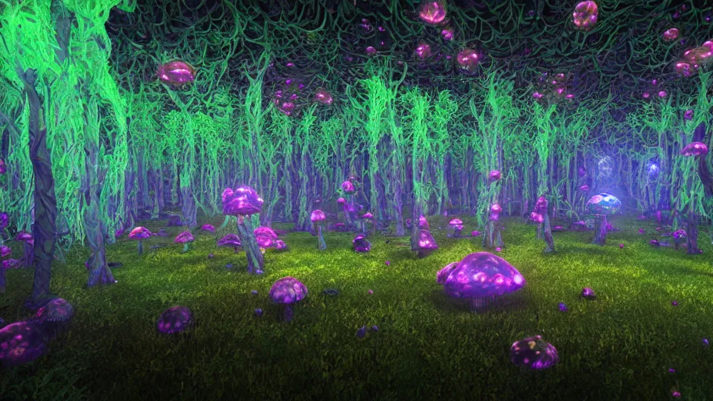 Prompt: 8k, acid trip, hall of mirrors, ultra detailed, a hyperrealistic image of a mycelium forest with neon glowing mushrooms, with magical creatures, trending on patreon, artstation, deviantart. Unreal engine