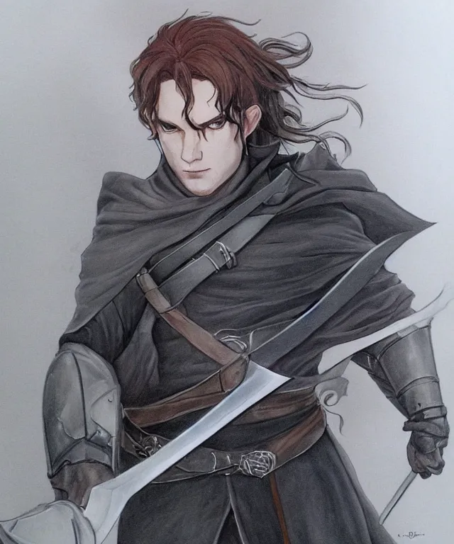 Prompt: drawing painting 3 d rendering arcane portrait of a noble young man with a sword in style of game art lord of the rings banner saga ashes of gods frank miller alex ross trending