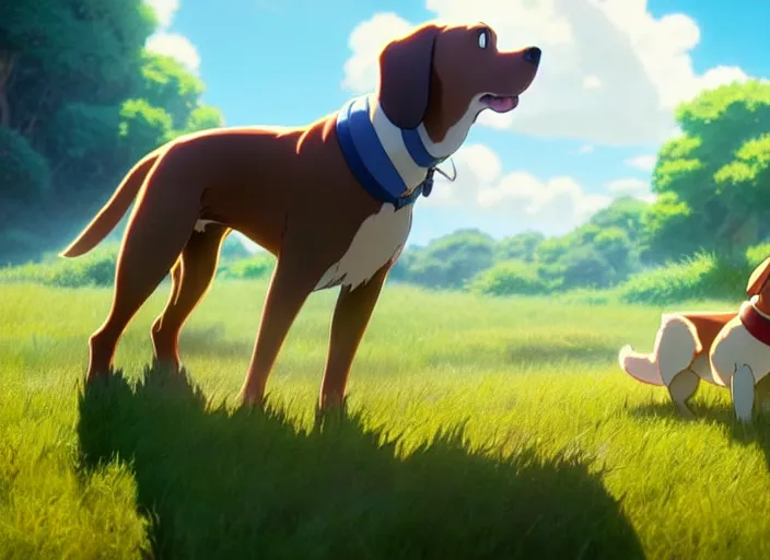 Prompt: a wholesome animation key shot of all brown pointer dog, studio ghibli, pixar and disney animation, sharp, rendered in unreal engine 5, anime key art by greg rutkowski, bloom, dramatic lighting