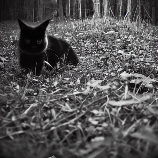 Prompt: cosplay cat girl caught on midnight trail cam, black and white